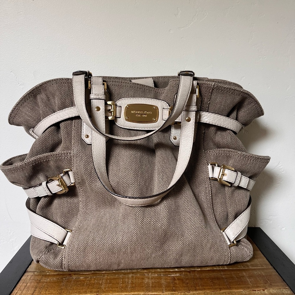 Michael Kors Taupe Canvas Tote with Cream Trim and Gold Hardware